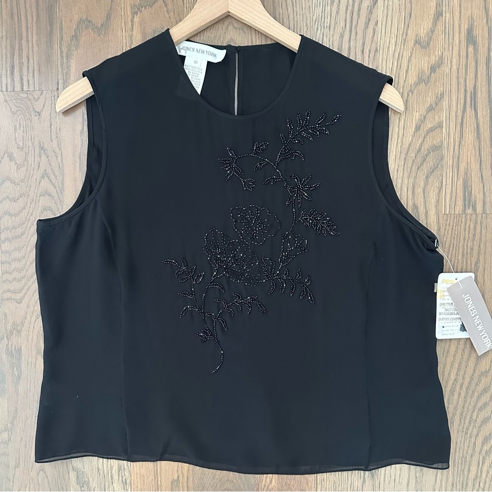 NWT Vintage Jones New York Sleeveless Beaded Floral Embroidered Top Black 16 / L